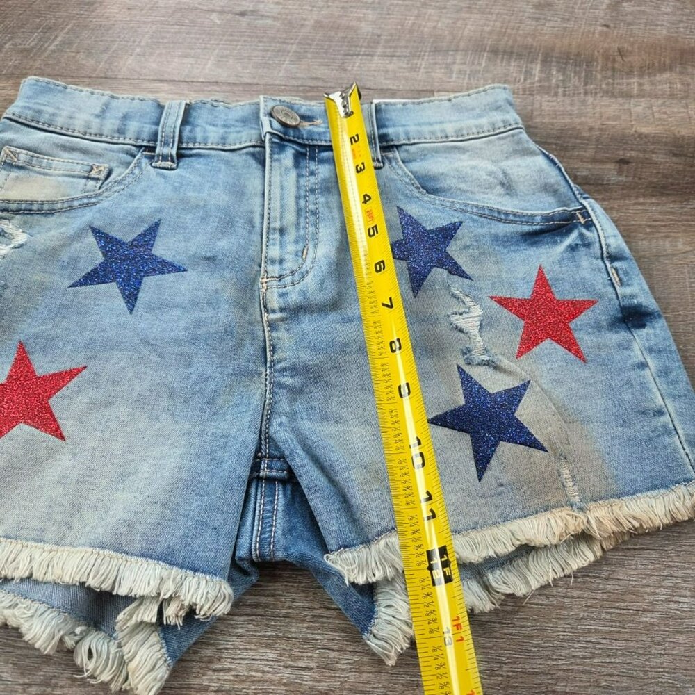 NWT Justice Size 16 girls' denim shorts w/red and blue stars and distress wear l - Picture 4 of 10